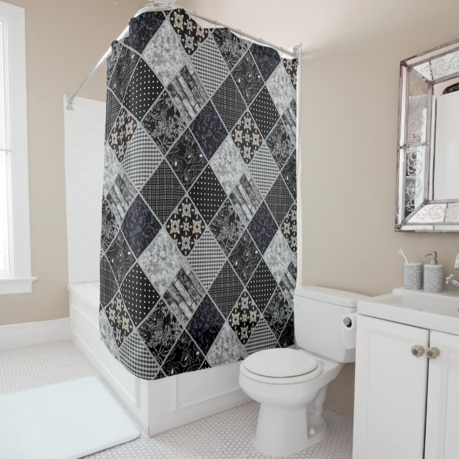 Rideaux De Douche Patchwork monochrom noir gris blanc patc (En situation)