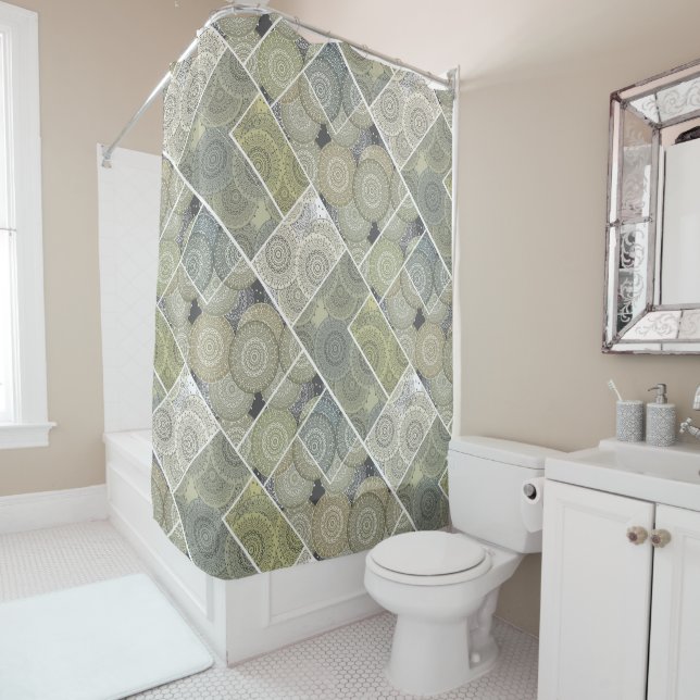 Rideaux De Douche Patchwork quilt céramique cercles carreaux mandala (En situation)