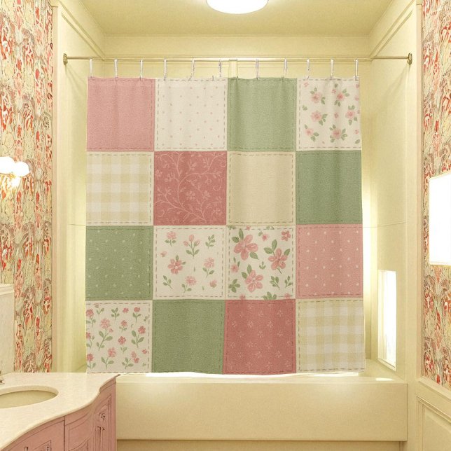 Rideaux De Douche Patchwork rose vert Quilt Rustique Agritourisme Fl (Pink Green Patchwork Quilt Rustic Farmhouse Floral Shower Curtain)