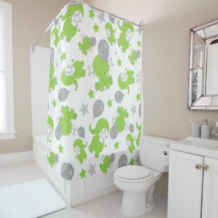 Rideaux De Douche Pattern of Green Elephants, Cute Elephants, stars