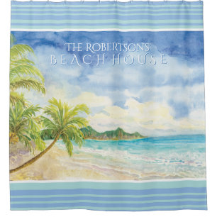 Rideaux De Douche Paumes tropicales de plage d'aquarelle de mer