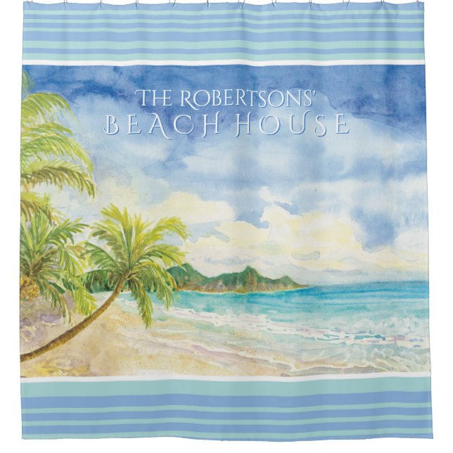Rideaux De Douche Paumes tropicales de plage d'aquarelle de mer (Devant)