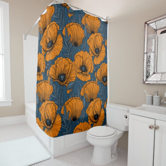 Rideaux De Douche Pavot orange sur bleu foncé (En situation)