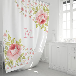 Rideaux De Douche Pays Chic rose Roses Corner Motif Monogramme