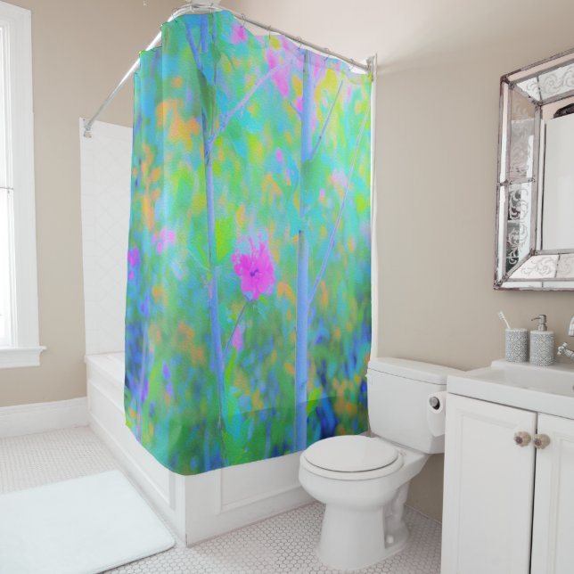 Rideaux De Douche Paysage bleu impressionniste avec fleurs roses (En situation)