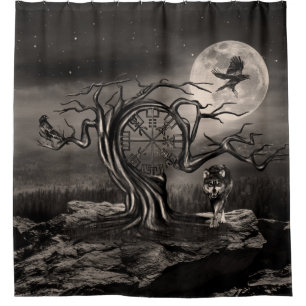Rideaux De Douche Paysage de la lune d'arbre végétal - sépia