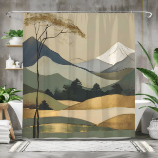 Rideaux De Douche Paysage Japandi Gold & Green Mountain