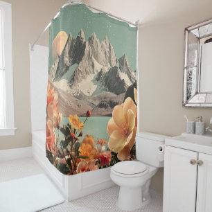 Rideaux De Douche Paysage Montagneux Surréaliste Avec Fleurs en Fleu