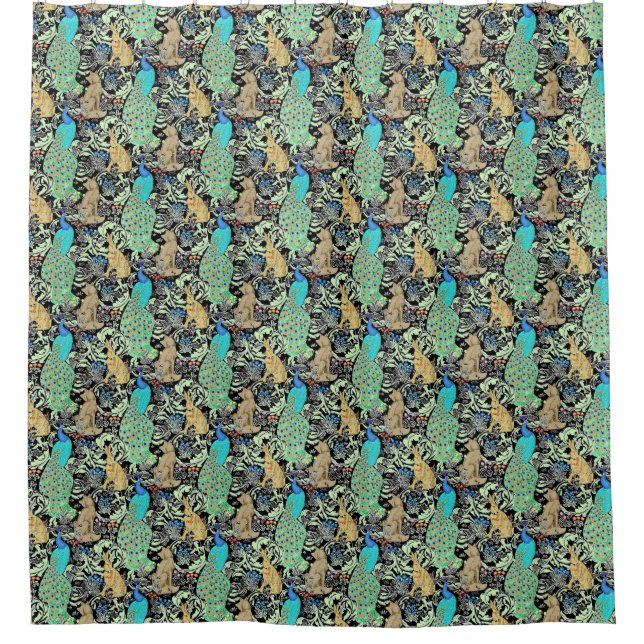 Rideaux De Douche Peacock Art Nouveau Impression, Turquoise & Neutra (Devant)