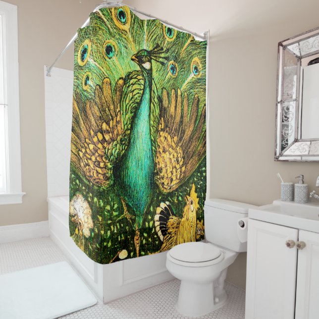 Rideaux De Douche Peacock et poulets Art nouveau néerlandais (En situation)