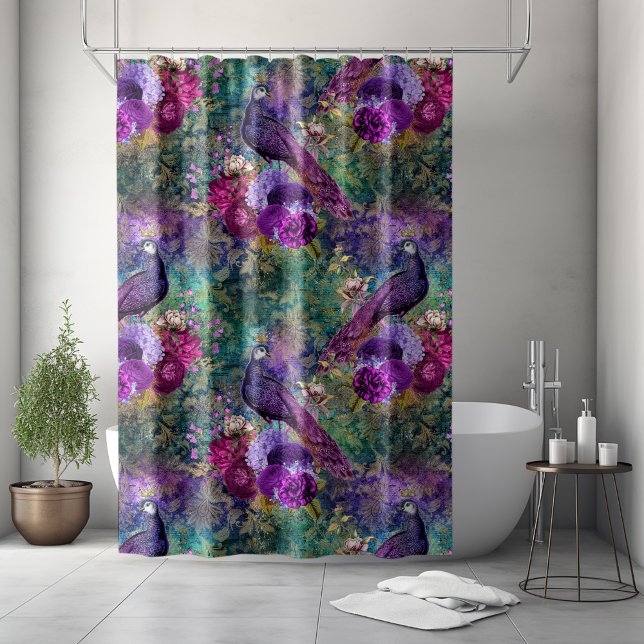 Rideaux De Douche Peacocks vintages Purple Vert Turquoise Élégant (Elegant purple and green peacock shower curtain)