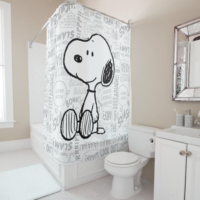 Rideaux De Douche PEANUTS | Snoopy on Black White Comics (En situation)