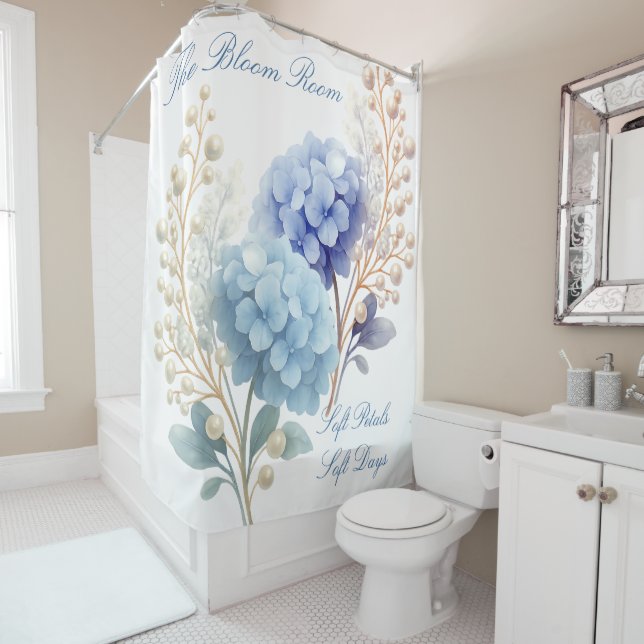 Rideaux De Douche Pearl Blush Powder Blue Hydrangea Aquarelle (En situation)