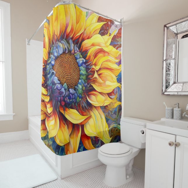 Rideaux De Douche Peinture à l'aquarelle Sunflower Power (En situation)