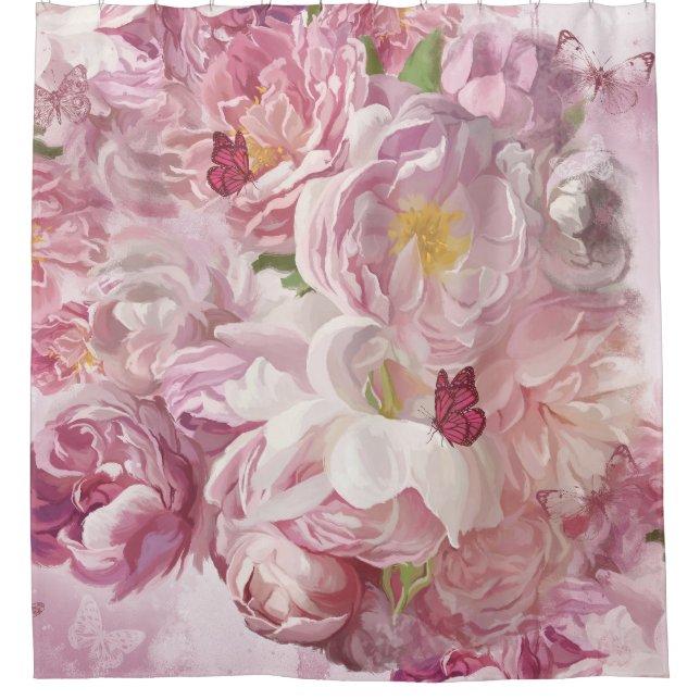 Rideaux De Douche Peinture à l'huile de fleurs roses : Delicate (Devant)
