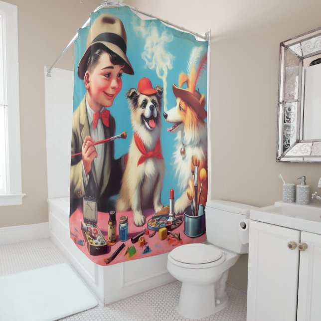 Rideaux De Douche Peinture à l'huile rétro Chiens heureux (En situation)