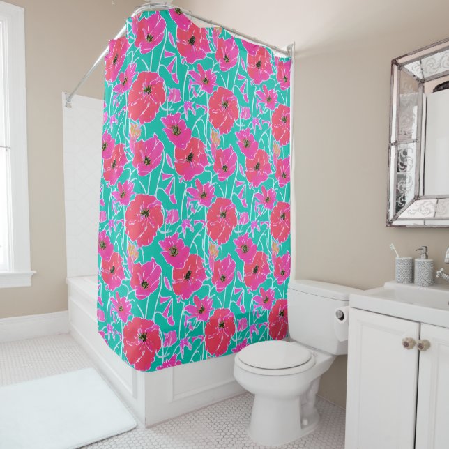 Rideaux De Douche Peinture Anémonique Motif rose & Aqua Floral (En situation)