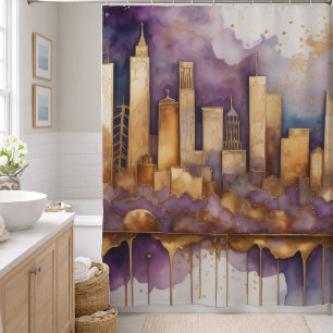 Rideaux De Douche Peinture aquarelle abstraite de paysage urbain dor