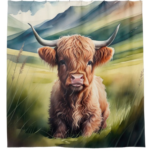 Rideaux De Douche Peinture aquarelle Bébé Highland Cow assise (Devant)
