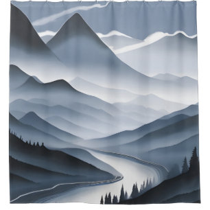 Rideaux De Douche Peinture Chinoise Paysage Bruyant Avec Rivière