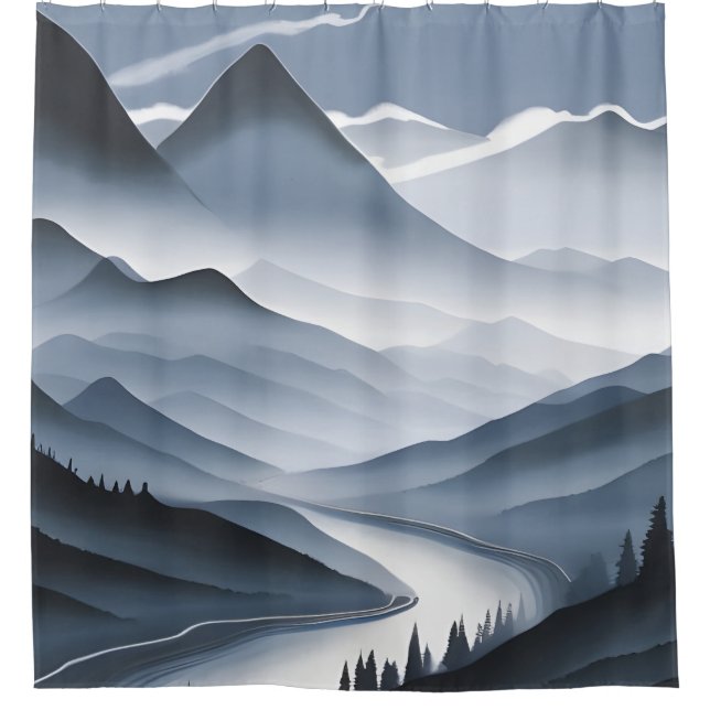 Rideaux De Douche Peinture Chinoise Paysage Bruyant Avec Rivière (Devant)