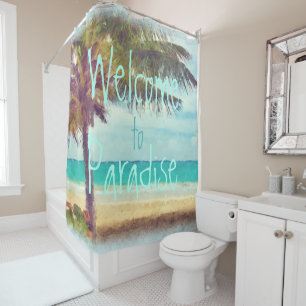 Rideaux De Douche Peinture d'aquarelle de palmier de plage d'océan