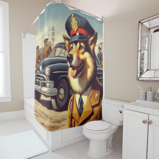 Rideaux De Douche Peinture de chien de police rétro (En situation)
