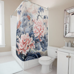 Rideaux De Douche Peinture de style chinois Peony en rose et bleu