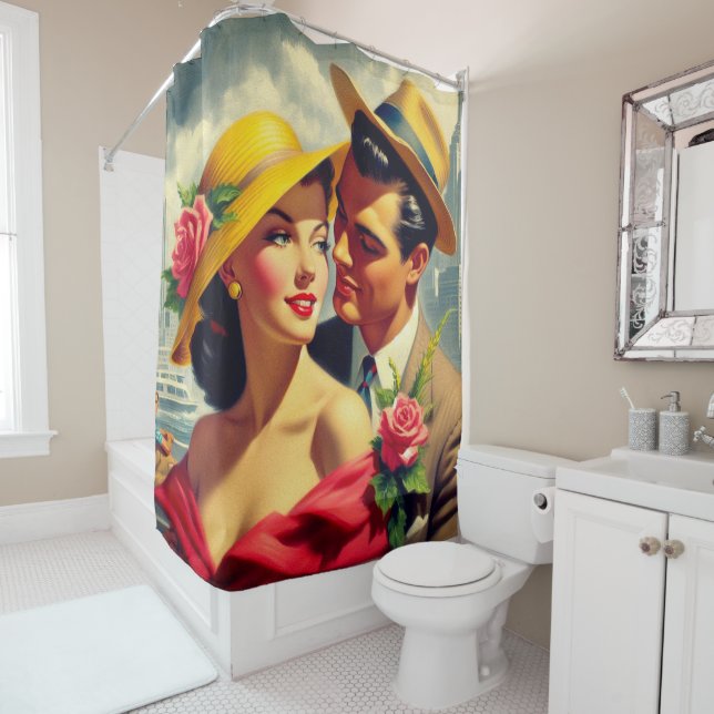 Rideaux De Douche Peinture en couple rétro des années 1950 (En situation)