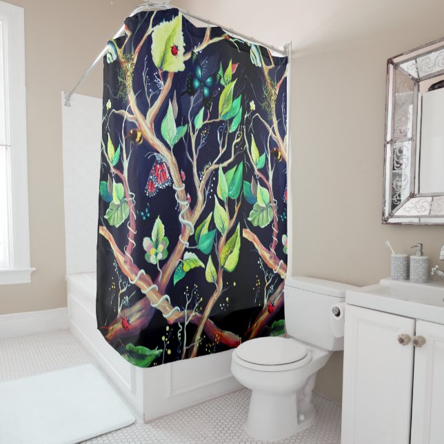 Rideaux De Douche Peinture feuille et papillons (En situation)