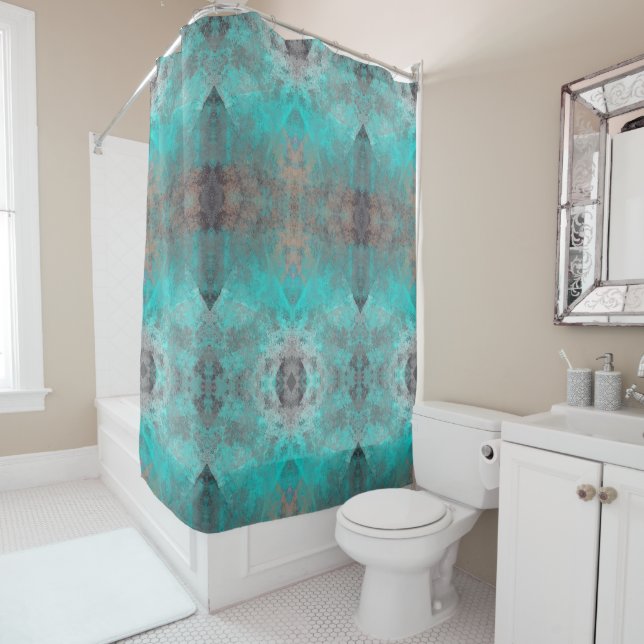 Rideaux De Douche Peinture géométrique Aqua et Grey (En situation)