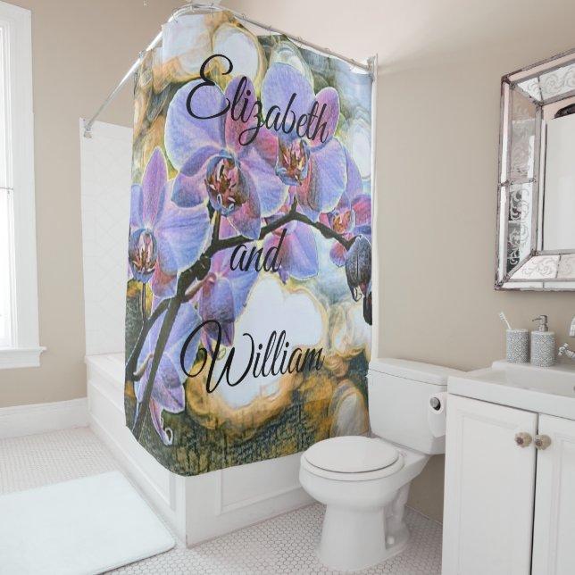 Rideaux De Douche Peinture moderne d'une orchidée violette rose (En situation)
