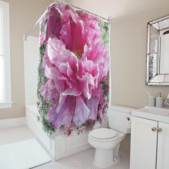 Rideaux De Douche *~* Peinture originale Peine rose Fleur florale AR (En situation)