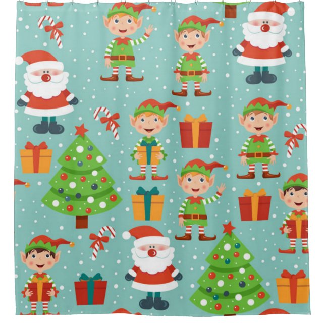 Rideaux De Douche Père Noël Et Elfs Motif De Noël (Devant)