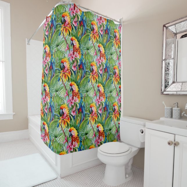 Rideaux De Douche Perroquets de couleurs vives et fleurs tropicales (En situation)