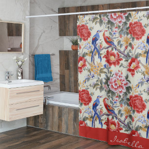 Rideaux De Douche Personnalisé Chinoiserie Asiatique Floral Rose Ble