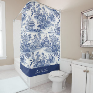 Rideaux De Douche Personnalisé Chinoiserie Motif Pagode Bleu Blanc