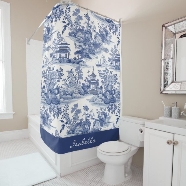 Rideaux De Douche Personnalisé Chinoiserie Motif Pagode Bleu Blanc (En situation)