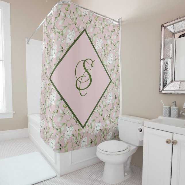 RIDEAUX DE DOUCHE PERSONNALISÉ ROSE ET VERT (En situation)