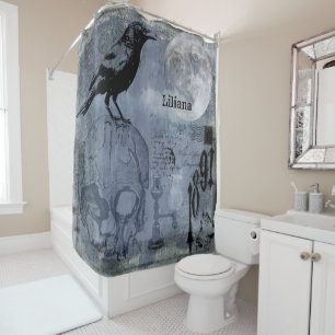 Rideaux De Douche Personnaliser vintage du crâne et du corbeau d'Hal