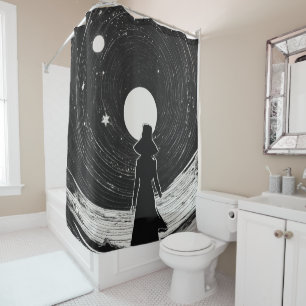 Rideaux De Douche Petite fille dans l'espace Carton noir et blanc