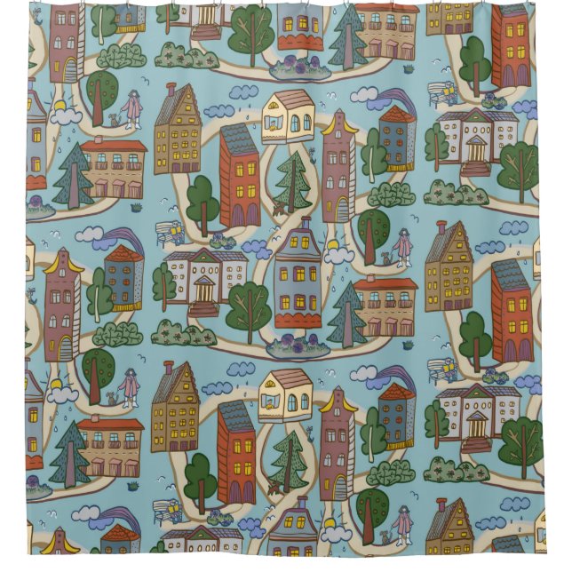 Rideaux De Douche petites maisons de ville motif  (Devant)