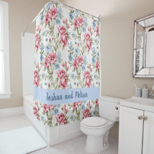 Rideaux De Douche Petunias roses et Sky Blue Daisies - Pois