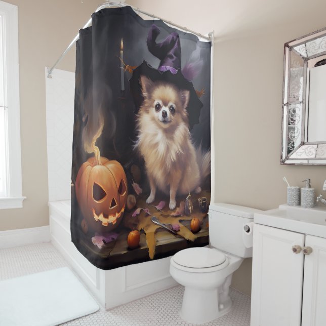 Rideaux De Douche Peur d'Halloween Citrouille de Poméranie (En situation)