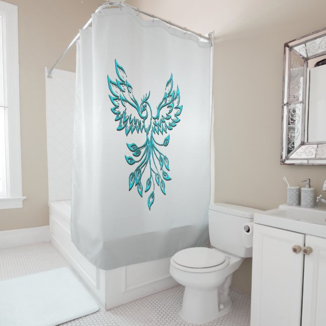 Rideaux De Douche Phoenix bleu turquoise se lève sur l'argent (En situation)