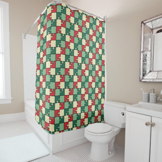 Rideaux De Douche Pièces de puzzle géométrique rouge vert Motif (En situation)