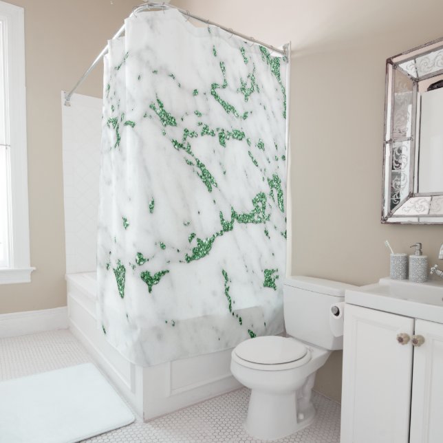 Rideaux De Douche Pierre de marbre blanc Carrare vert tropical gris (En situation)