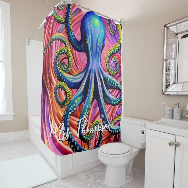 Rideaux De Douche Pieuvre de mer avec nom personnalisé (En situation)