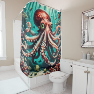Rideaux De Douche Pieuvre mignonne sous la mer rouges et bleus
