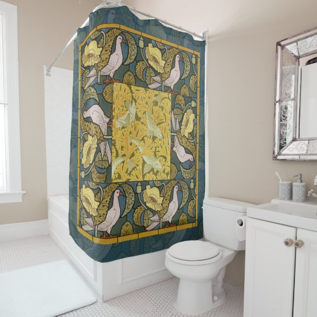 Rideaux De Douche Pigeon Blue Yellow Fish Art Nouveau (En situation)